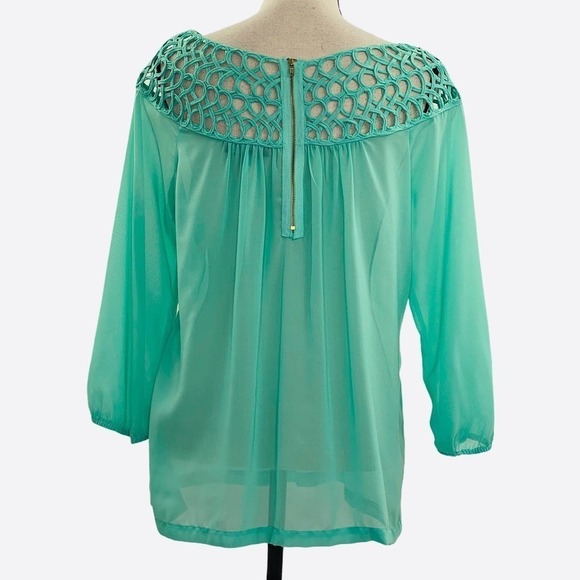 UMGEE Chiffon Crochet Turquoise Blouse Size Large - Picture 2 of 11
